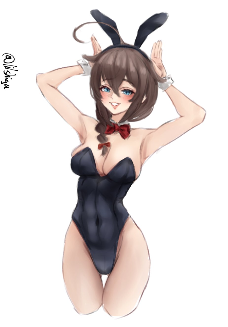 1girl ahoge animal_ear_hairband animal_ears black_leotard blue_eyes bow bowtie braid breasts brown_hair cleavage cropped_legs detached_collar fake_animal_ears gluteal_fold hair_flaps hair_over_shoulder hairband highleg highleg_leotard highres kantai_collection leotard lilshigu long_hair looking_at_viewer medium_breasts one-hour_drawing_challenge parted_lips playboy_bunny rabbit_ears rabbit_pose rabbit_tail red_bow red_bowtie shigure_(kancolle) shigure_kai_san_(kancolle) single_braid solo strapless strapless_leotard tail thigh_gap