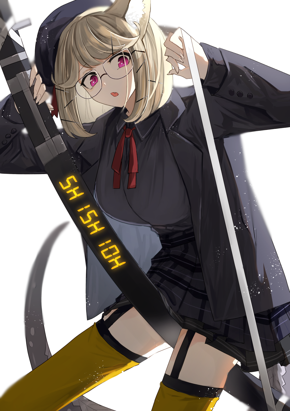 1girl animal_ear_fluff animal_ears arknights beret between_legs black_garter_straps black_hat black_jacket black_shirt black_skirt blonde_hair breasts collared_shirt cowboy_shot fang fingernails garter_straps glasses hair_ornament hairclip hat highres iwashi_80 jacket long_sleeves looking_at_viewer neck_ribbon official_alternate_costume open_clothes open_jacket open_mouth plaid_clothes plaid_skirt pleated_skirt purple_eyes ribbon sharp_fingernails sheath sheathed shirt simple_background skirt solo sword tail thighhighs utage_(arknights) utage_(disguise)_(arknights) weapon white_background yellow_thighhighs