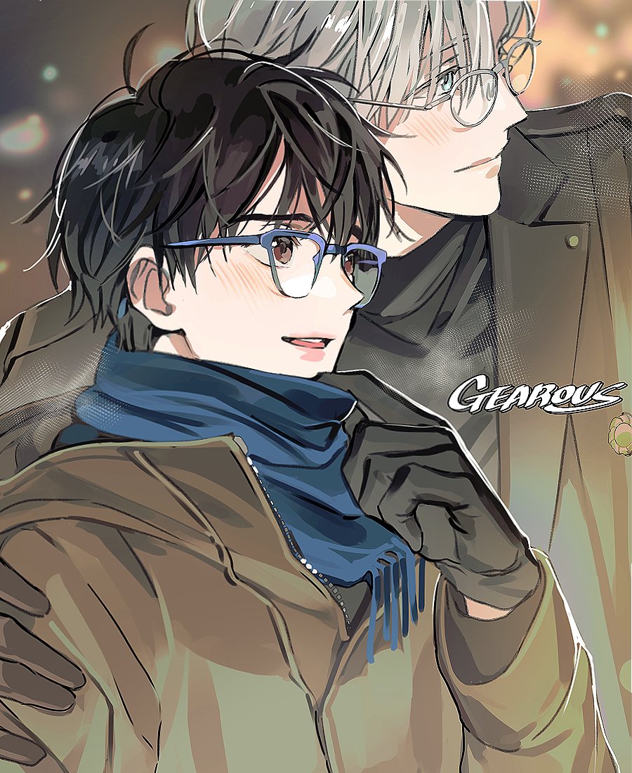 2boys artist_name bespectacled black_gloves black_hair blue-framed_eyewear blue_eyes blue_scarf brown_eyes coat gearous glasses gloves katsuki_yuuri male_focus multiple_boys open_mouth scarf smile upper_body viktor_nikiforov white_hair yuri!!!_on_ice