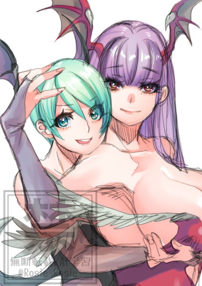 2girls bare_shoulders black_leotard breasts cleavage color_switch darkstalkers demon_girl demon_wings green_eyes green_hair grey_background head_wings hug hug_from_behind large_breasts leotard lilith_(darkstalkers) morrigan_aensland multiple_girls pantyhose purple_hair red_eyes red_leotard rosie_rosie simple_background upper_body watermark white_background wings