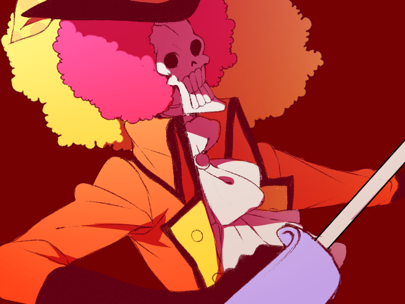 1boy afro akizuki_hakuto ascot bad_id bad_pixiv_id brook_(one_piece) coat hat high_collar holding holding_sword holding_weapon looking_ahead male_focus one_piece one_piece_film:_z orange_coat pink_hair simple_background skeleton solo sword upper_body weapon white_ascot