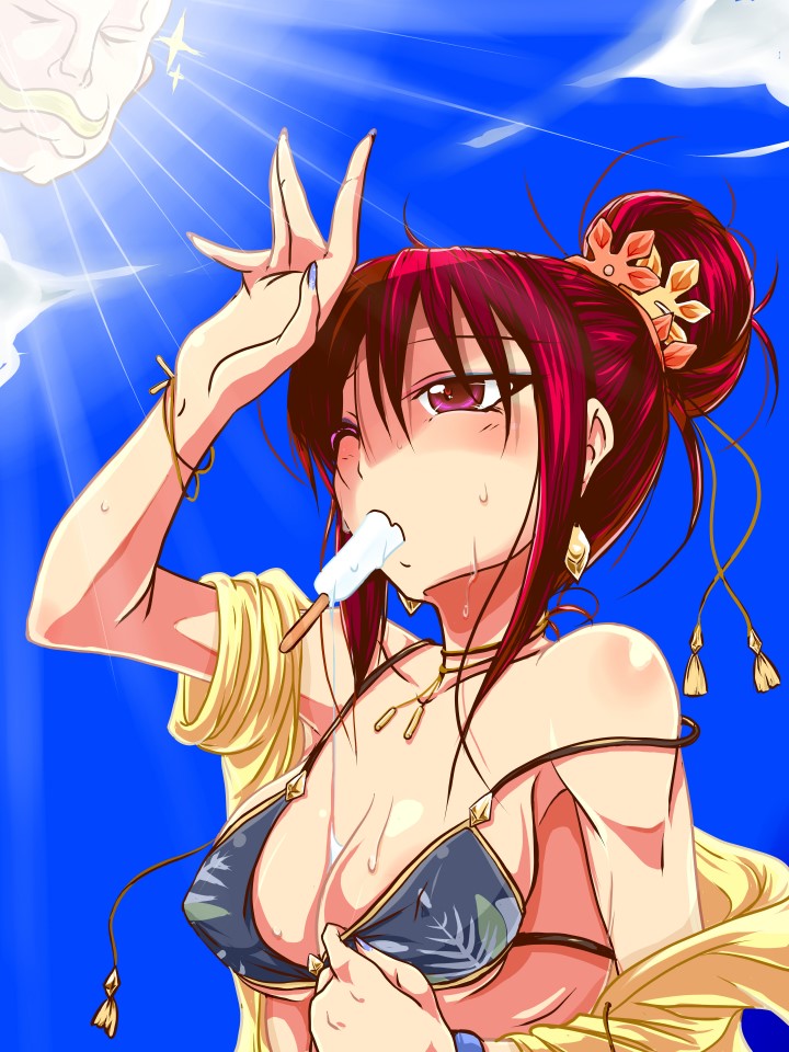 1boy 1girl alex_louis_armstrong arm_up bare_shoulders bikini blue_sky blush breasts check_commentary cleavage cloud commentary commentary_request day facial_hair fingernails food food_in_mouth fullmetal_alchemist hair_bun hair_ornament hot jacket jacket_over_swimsuit jacket_partially_removed jyuajinonabe lan_fan long_bangs looking_up medium_breasts mustache outdoors pink_eyes popsicle popsicle_in_mouth red_hair shading_eyes sidelocks sky sparkle strap_slip sun sunlight sweat swimsuit upper_body yellow_jacket