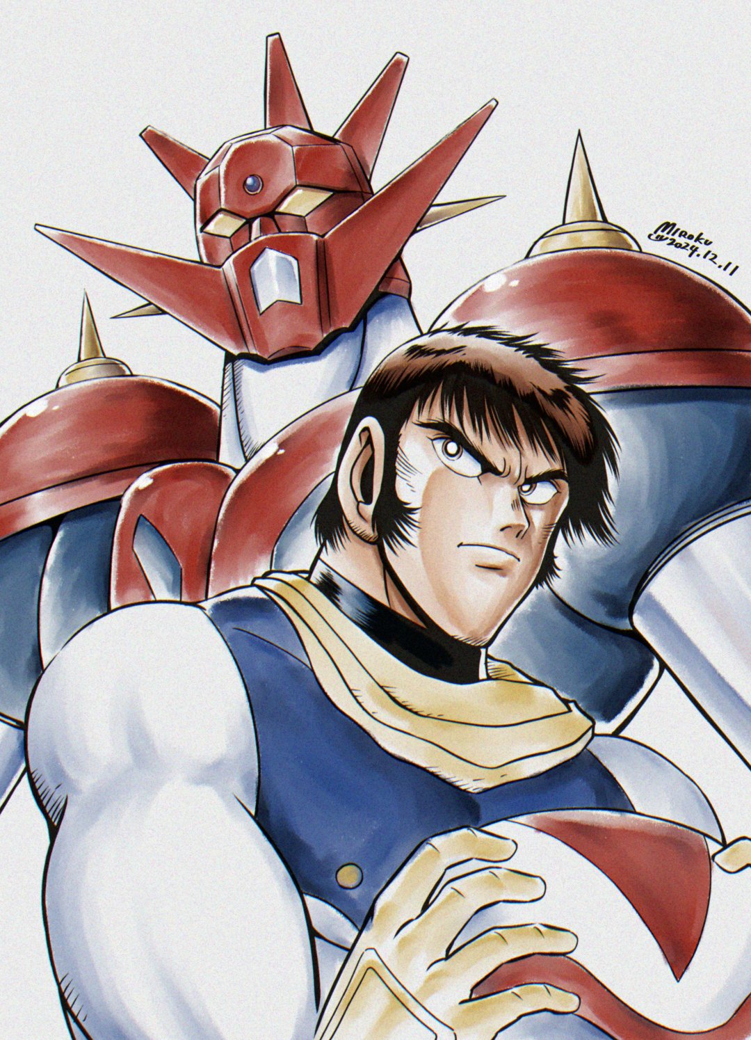 1990s_(style) 1boy armor blue_armor blue_bodysuit bodysuit bright_pupils brown_eyes brown_hair facial_hair forehead_jewel frown getter_dragon getter_robo getter_robo_g gloves head_spikes helmet highres holding holding_helmet ishikawa_ken_(style) male_focus mecha mecha_focus mecha_pilot_suit miroku_(miroku_t) multicolored_armor muscular muscular_male mutton_chops parody red_armor retro_artstyle robot scarf short_hair shoulder_spikes spikes style_parody super_robot unworn_headwear unworn_helmet v-shaped_eyebrows white_background white_bodysuit white_helmet white_pupils yellow_eyes yellow_gloves yellow_scarf