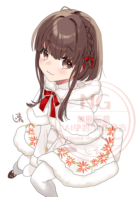 1girl :3 braid brown_eyes brown_hair capelet commentary_request dress fur-trimmed_capelet fur-trimmed_dress fur_trim hooded_dress kantai_collection mittens official_alternate_costume oriharaizaya819 pantyhose short_hair short_hair_with_long_locks simple_background single_braid sitting smile solo ukuru_(christmas)_(kancolle) ukuru_(kancolle) watermark white_background white_capelet white_dress white_mittens white_pantyhose