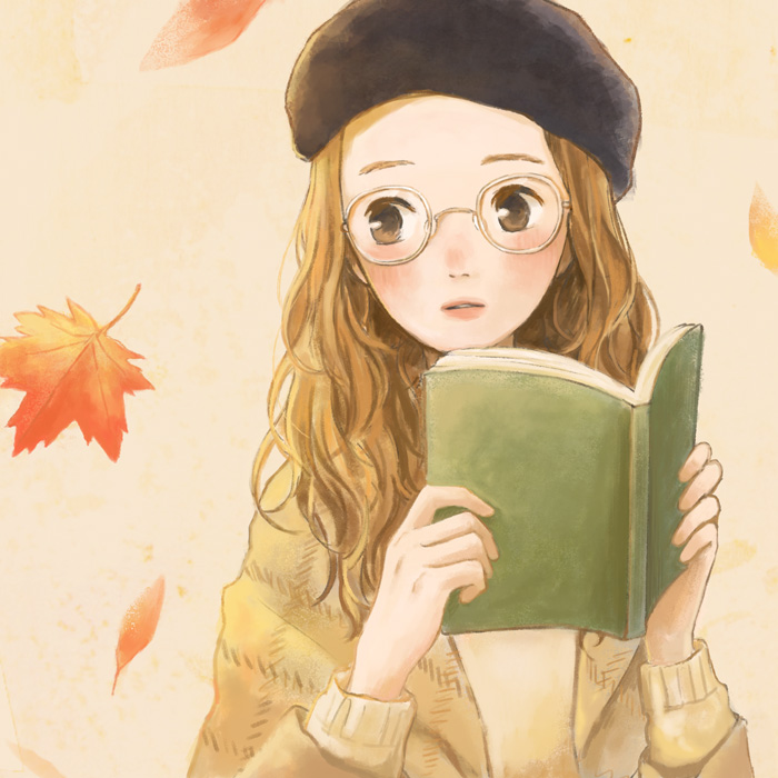 1girl autumn_leaves beret black_hat blush book brown_eyes brown_hair brown_sweater glasses hat holding holding_book leaf lips long_hair long_sleeves looking_to_the_side maple_leaf open_book original parted_lips pink_lips simple_background solo sweater tan_background tokoyu upper_body wavy_hair white-framed_eyewear