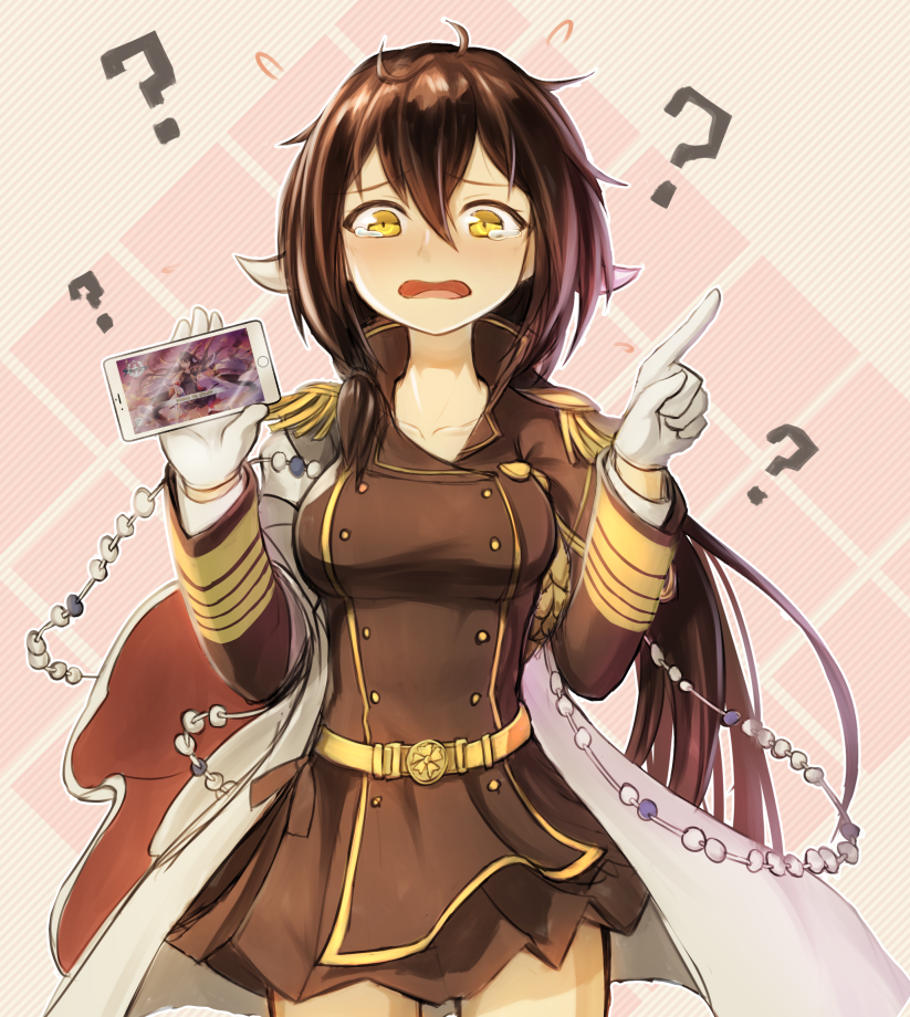 1girl ? aiguillette azur_lane belt black_hair breasts buttons cellphone coat commentary_request computer_obaachan embarrassed epaulettes female_focus gloves hair_between_eyes holding holding_phone horns iroia long_hair long_sleeves looking_at_viewer medium_breasts meta mikasa_(azur_lane) military military_uniform phone smartphone solo wavy_mouth white_coat white_gloves