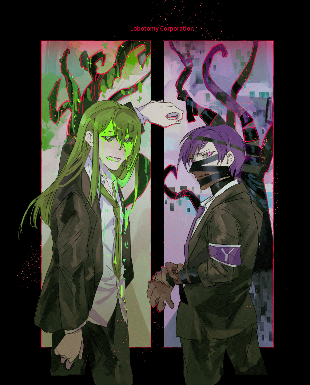 2boys arm_up black_jacket black_pants clenched_teeth collared_shirt cowboy_shot green_eyes green_necktie highres jacket ko_bammm lapels lobotomy_corporation long_hair long_sleeves looking_at_viewer multiple_boys necktie netzach_(project_moon) notched_lapels open_mouth pants project_moon purple_eyes purple_hair shirt smile teeth very_long_hair white_shirt yesod_(project_moon)