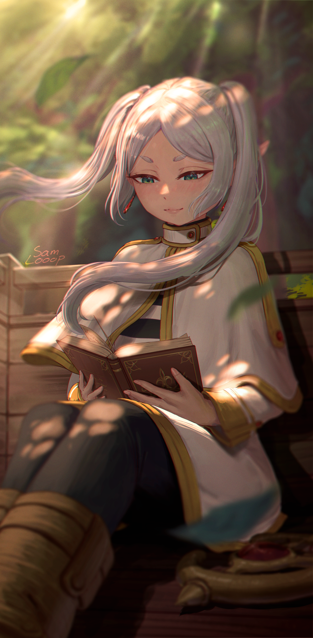 1girl black_pantyhose blush book boots brown_boots capelet closed_mouth double-parted_bangs dress earrings elf frieren green_eyes highres holding holding_book jewelry long_hair pantyhose pointy_ears samlooop sidelocks sitting smile solo sousou_no_frieren striped_clothes striped_dress twintails white_capelet white_dress white_hair