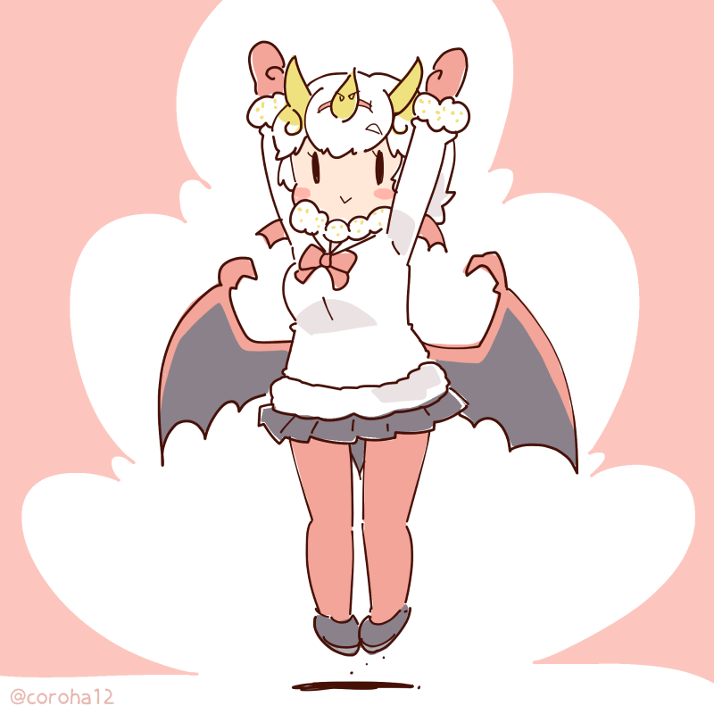 1girl arms_up bat_girl bat_wings blonde_hair bow bowtie coroha full_body gloves honduran_white_bat_(kemono_friends) jumping kemono_friends looking_at_viewer multicolored_hair pantyhose pink_background scarf shoes short_hair simple_background skirt solo sweater two-tone_hair white_hair white_sweater wings
