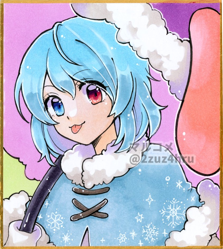 1girl 2zuz4hru blue_capelet blue_eyes blue_hair capelet cross-laced_clothes fur_trim heterochromia karakasa_obake looking_at_viewer purple_umbrella red_eyes short_hair solo tatara_kogasa tongue tongue_out touhou traditional_media twitter_username umbrella upper_body wild_and_horned_hermit