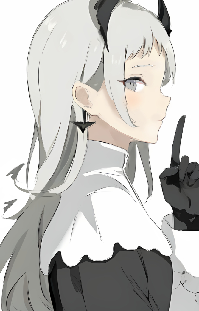 1girl arknights black_gloves finger_to_mouth from_side gloves grey_eyes grey_hair hand_up index_finger_raised irene_(arknights) long_hair long_sleeves looking_at_viewer profile raifu_(rf) shushing sideways_glance simple_background sketch solo upper_body white_background