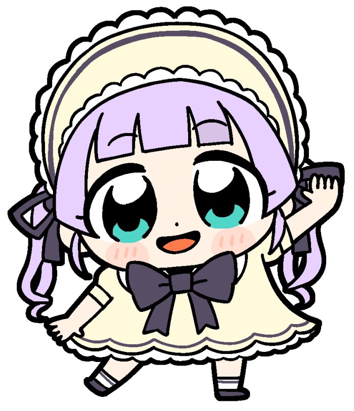 1girl :d arm_up bkub black_bow black_bowtie black_ribbon black_shoes blue_eyes blunt_bangs blush bonnet bow bowtie chibi chibi_only commentary_request dot_nose dress full_body hair_ribbon leg_up long_hair looking_at_viewer mochi_hiyoko mochipro open_mouth puffy_short_sleeves puffy_sleeves purple_hair ribbon shoes short_sleeves simple_background smile socks solo standing standing_on_one_leg twintails virtual_youtuber white_background white_socks yellow_bonnet yellow_dress