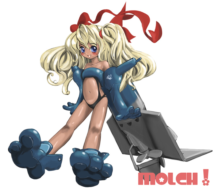 1girl blonde_hair blue_eyes blush character_name dark-skinned_female dark_skin female_focus hair_ribbon killmark long_hair mecha_musume military nano_(nanosize) open_mouth original personification propeller ribbon ship simple_background solo submarine swimsuit watercraft white_background world_war_ii
