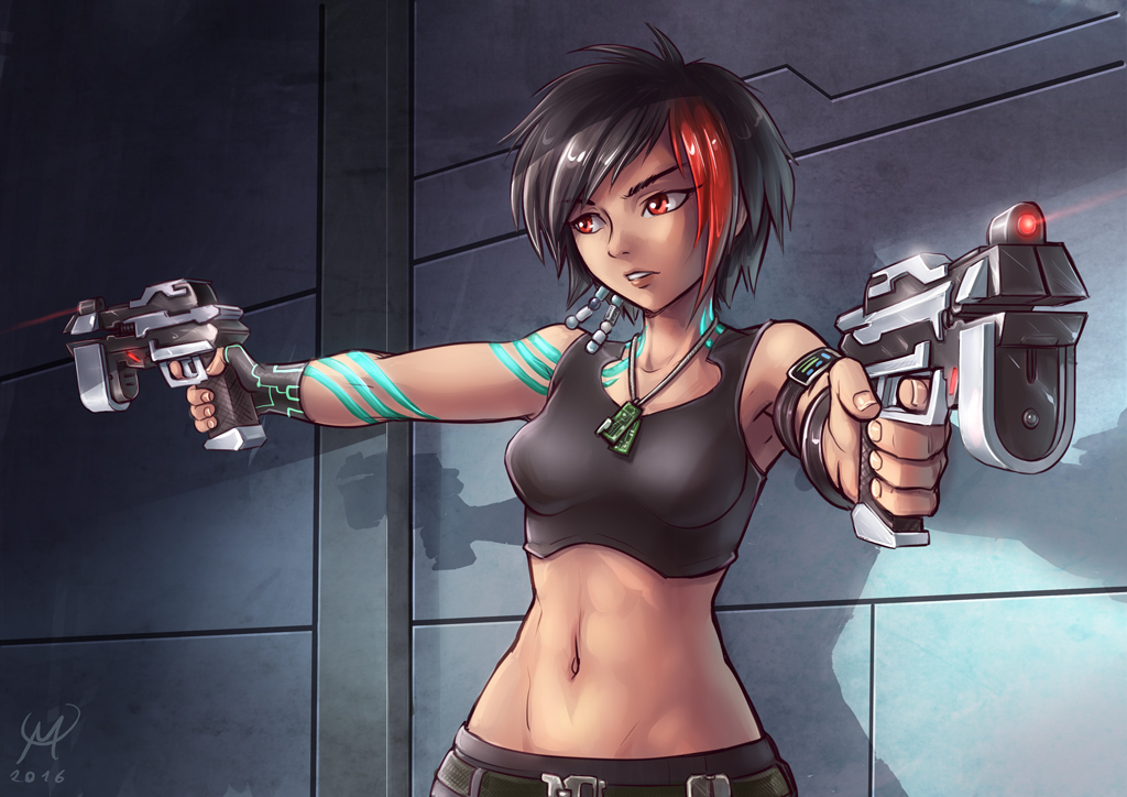 1girl 2016 abs belt belt_buckle black_hair black_shirt body_markings breasts buckle commission dog_tags dual_wielding earrings fingerless_gloves gloves glowing glowing_tattoo gun holding jewelry junee_assayaka laser laser_sight maxa&#039; metal midriff multicolored_hair navel original red_eyes red_hair science_fiction shadow shirt short_hair signature small_breasts solo streaked_hair tank_top toned weapon