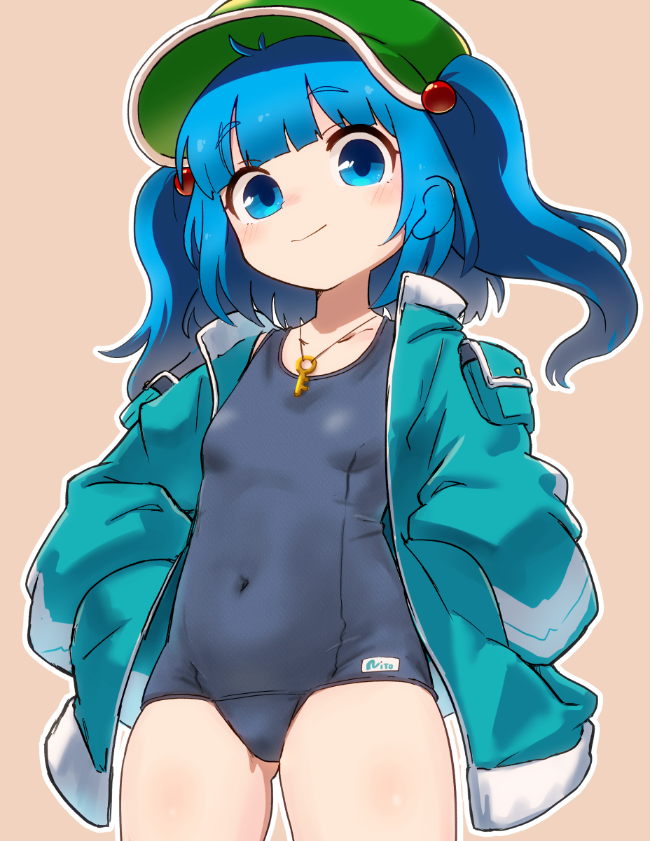 1girl alternate_costume blue_hair blue_shirt blush breasts brown_background cabbie_hat closed_mouth commentary_request cowboy_shot green_hat grey_one-piece_swimsuit hair_bobbles hair_ornament hands_in_pockets hat highres jewelry kawashiro_nitori key key_necklace looking_at_viewer medium_hair necklace one-piece_swimsuit open_clothes open_shirt school_swimsuit shirt simple_background small_breasts smile solo swimsuit touhou two_side_up uisu_(noguchipint)