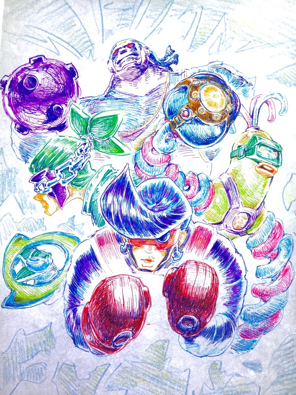 4boys arms_(game) bellaraika blue_eyes boxing_gloves chain dna_man_(arms) fighting_stance goggles green_hair highres mask master_mummy_(arms) multiple_boys mummy ninjara_(arms) nintendo pompadour ponytail red_eyes spring_man_(arms) upper_body