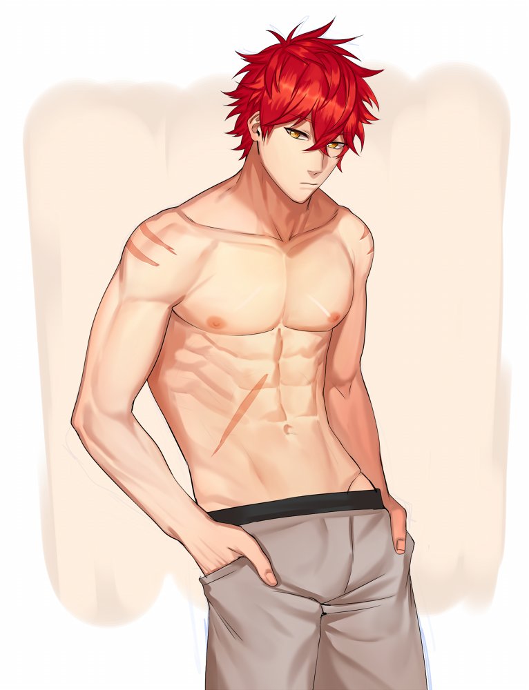 1boy abs closed_mouth grey_pants male_focus muscular muscular_male navel original pants red_hair short_hair solo stomach topless_male yellow_eyes zhineart