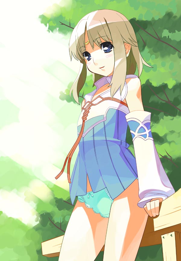 1girl blue_eyes bottomless bow bow_panties detached_sleeves female_focus flat_chest green_panties lace lace-trimmed_panties lace_trim mist_(rune_factory) no_pants panties rune_factory rune_factory_1 ryuuta ryuuta_(msxtr) solo standing underwear