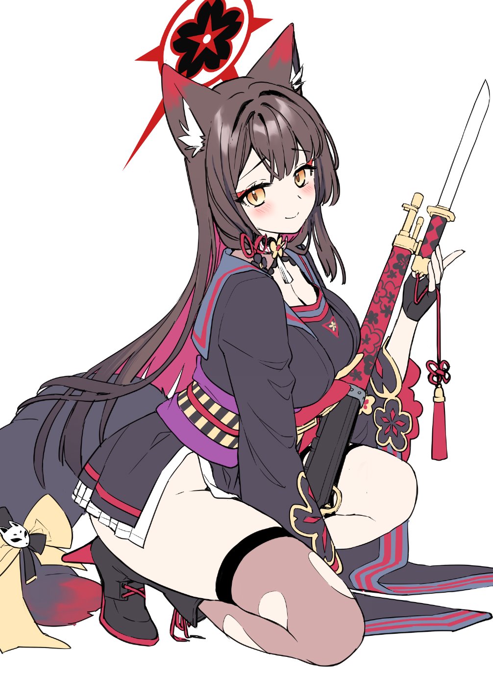 1girl animal_ear_fluff animal_ears arisaka black_footwear black_hair black_kimono black_sailor_collar blue_archive bolt_action fox_ears fox_girl fox_tail gun hair_between_eyes high_heels highres holding holding_gun holding_weapon ichinomiya_(blantte) japanese_clothes kimono makeup multicolored_sash no_panties ribbon rifle sailor_collar single_thighhigh smile tail tail_ornament tail_ribbon thighhighs torn_clothes torn_thighhighs wakamo_(blue_archive) weapon yellow_eyes
