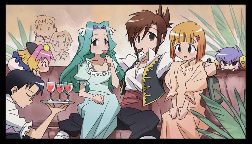00s 3boys 5girls alcohol bad_id bad_pixiv_id couch drink everyone glass guchuko kasugano_nene kikuchi kikuchi_(xpoz) moriyama_sunao multiple_boys multiple_girls natsu_mikan potemayo potemayo_(character) sake sitting takamimori_kyo takamimori_kyou waiter wine