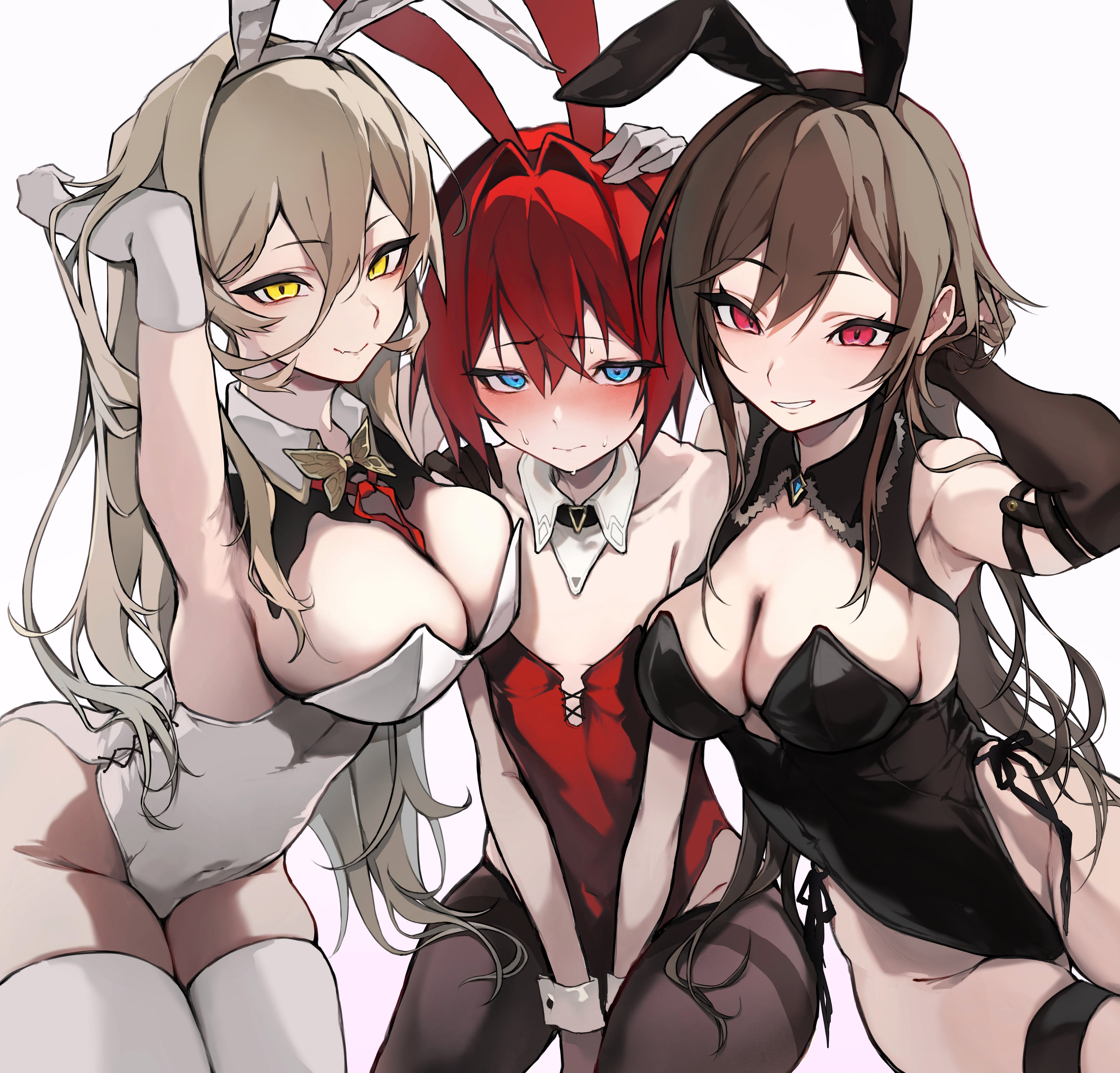 3girls absurdres akechi_(akechi_5416) alternate_costume ange_katrina animal_ear_hairband animal_ears arm_strap armpit_crease armpits arms_between_legs bare_shoulders black_collar black_hairband black_leotard blue_eyes blush breast_envy breasts brown_gloves brown_hair brown_pantyhose butterfly_brooch cleavage closed_mouth collar collarbone commentary_request covered_navel cowboy_shot crossed_bangs detached_collar elbow_gloves embarrassed fake_animal_ears flat_chest fur-trimmed_collar fur_trim furen_e_lustario furrowed_brow gloves grin groin hair_between_eyes hair_intakes hair_over_shoulder hairband hand_in_own_hair hand_on_another's_head hand_on_another's_shoulder hands_up highres large_breasts leotard long_bangs long_hair long_hair_between_eyes looking_at_viewer multiple_girls neck_ribbon nijisanji nose nui_sociere pantyhose playboy_bunny rabbit_ears red_eyes red_hair red_hairband red_leotard red_ribbon ribbon ribbon_between_breasts short_hair side-tie_leotard sideboob sidelocks simple_background sitting skindentation smile strapless strapless_leotard sweat thigh_gap thigh_strap v_arms very_long_hair virtual_youtuber white_background white_collar white_gloves white_hairband white_leotard white_wrist_cuffs wrist_cuffs yellow_eyes