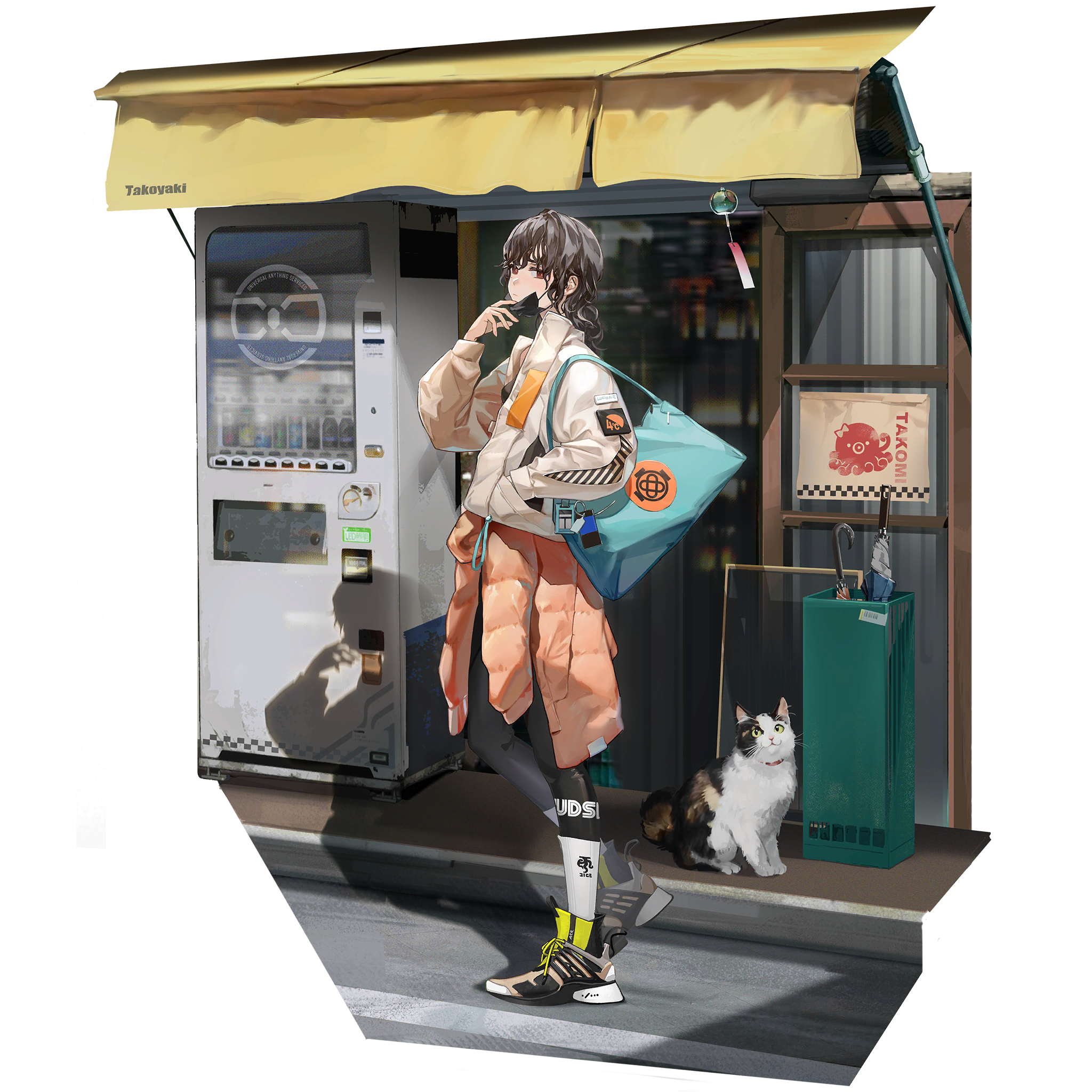 1girl black_hair black_leggings blue_bag cat faux_figurine food full_body game_cg girls'_frontline girls'_frontline_neural_cloud hatsuchiri_(cotton_candy_kiss)_(neural_cloud) hatsuchiri_(neural_cloud) highres jacket leggings lin+ looking_at_viewer mask mask_pull mouth_mask official_alternate_costume official_art red_eyes shoes sideways_glance sneakers socks storefront takoyaki third-party_source vending_machine wavy_hair white_jacket white_socks
