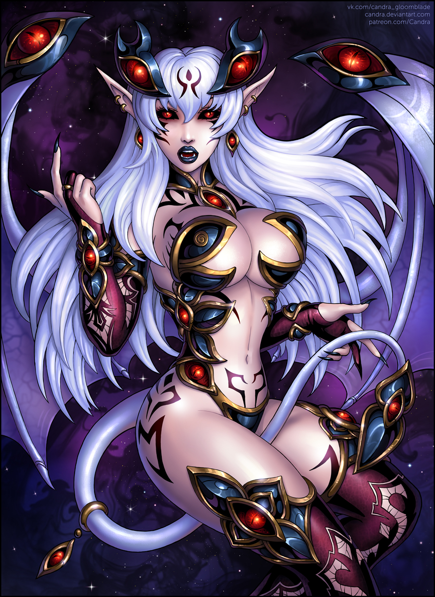 armor bikini_armor black_sclera body_markings breasts candra cleavage cloud colored_sclera colored_skin curvy demon_girl demon_horns demon_tail demon_wings druella earrings fangs floating glowing glowing_eyes highres horns jewelry large_breasts lilim_(monster_girl_encyclopedia) looking_at_viewer low_wings monster_girl monster_girl_encyclopedia monster_girl_encyclopedia_world_guide_i:_fallen_maidens nail_polish night pale_skin pink_skin purple_hair red_eyes revealing_clothes sky slit_pupils space star_(sky) starry_sky tail tail_armor tail_blade tail_ornament tail_ring tattoo thick_thighs thighs veins veiny_wings white_hair wide_hips wings zero_gravity