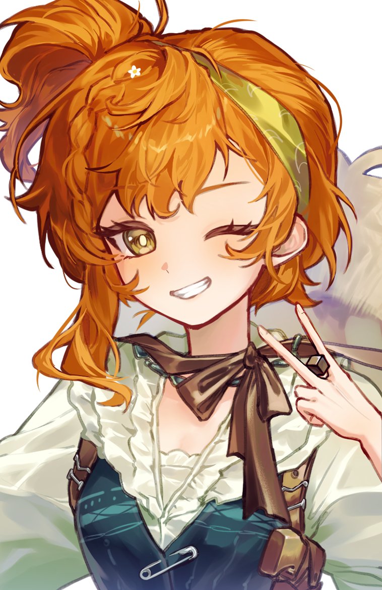 1girl between_fingers blue_vest dice green_hairband grin hairband hand_up hat_on_back holding holding_dice holster looking_at_viewer lopera_(reverse:1999) medium_hair one_eye_closed orange_hair reverse:1999 shirt shoulder_holster side_ponytail sikhye_(ccc14t) smile solo teeth upper_body v vest white_background white_shirt yellow_eyes