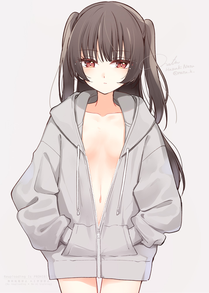 1girl artist_name brown_hair collarbone commentary_request drawstring flat_chest grey_jacket hands_in_pockets hazuki_natsu hood hood_down hooded_jacket jacket long_hair looking_at_viewer naked_jacket original red_eyes signature simple_background solo straight-on thigh_gap twitter_username two_side_up watermark white_background