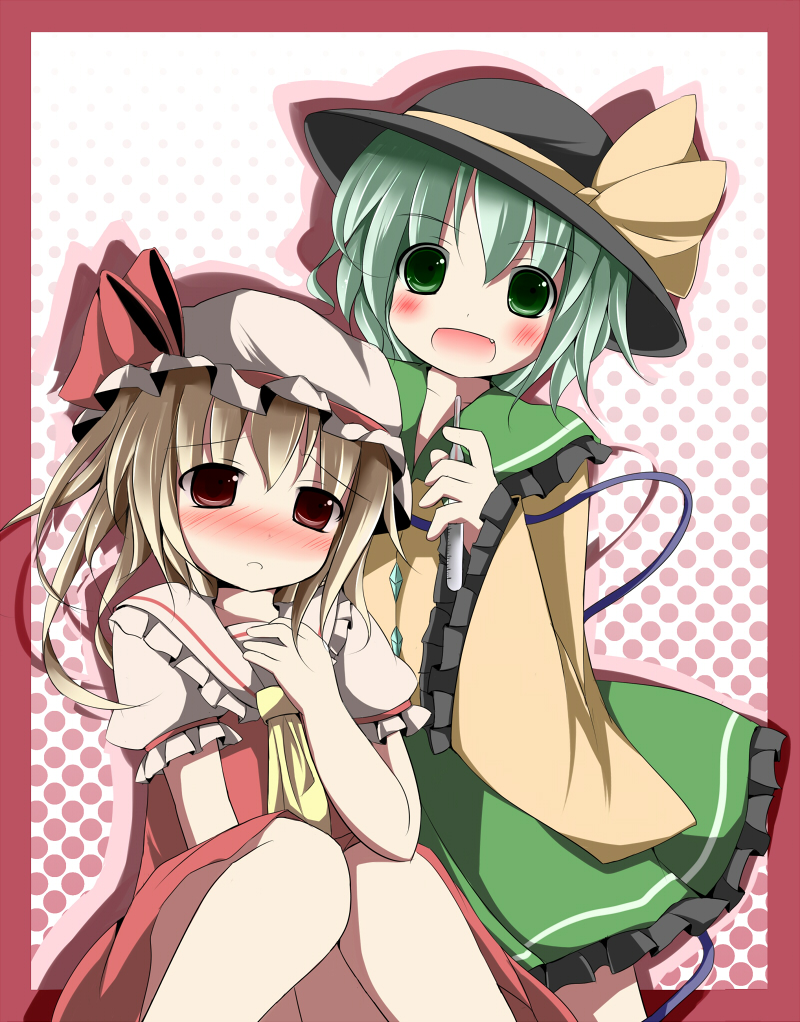 2girls :d ascot blonde_hair blush bow fang female_focus fever flandre_scarlet frilled_skirt frills green_eyes green_hair green_skirt hand_on_another&#039;s_chest hand_on_own_chest hat hat_bow kazura knees_together_feet_apart komeiji_koishi long_sleeves multiple_girls open_mouth red_eyes red_skirt skirt skirt_set sleeves_past_wrists smile striped_clothes striped_skirt thermometer touhou wide_sleeves