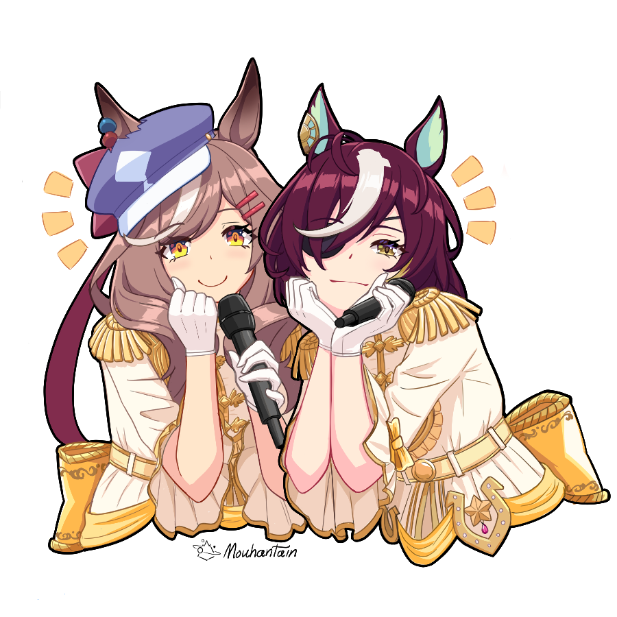 2girls animal_ears artist_logo artist_name back_bow blue_headwear bow brown_hair newsboy_cap closed_mouth commentary ear_ornament ears_through_headwear english_commentary epaulettes eyepatch frilled_jacket frills gloves hair_between_eyes hair_ornament hairclip hat holding holding_microphone horse_ears horse_girl jacket logo long_hair long_sleeves matikane_tannhauser_(umamusume) microphone mouhantain multicolored_hair multiple_girls notice_lines road_of_radiance_(umamusume) short_hair signature simple_background smile streaked_hair tanino_gimlet_(umamusume) umamusume upper_body white_background white_gloves white_hair white_jacket yellow_bow yellow_eyes