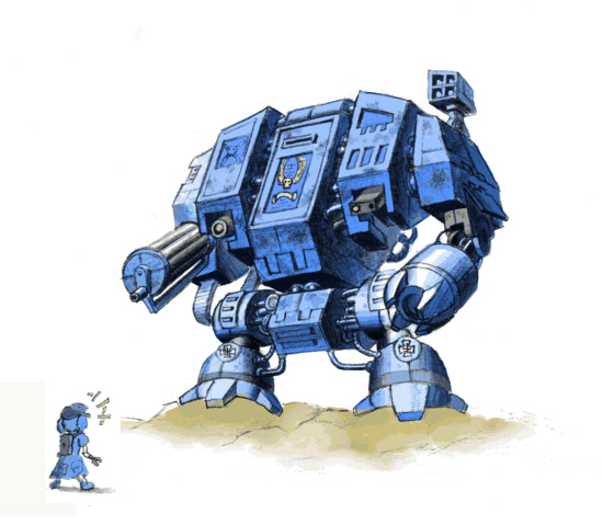 1girl arm_cannon armor backpack bag blue_hair crossover dreadnought_(warhammer_40k) female_focus games_workshop gatling_gun gun hair_bobbles hair_ornament hat imperium_of_man kawashiro_nitori mecha robot science_fiction short_hair skull solo team_shanghai_alice touhou twintails two_side_up u-tan_(timerush90) warhammer warhammer_40k weapon