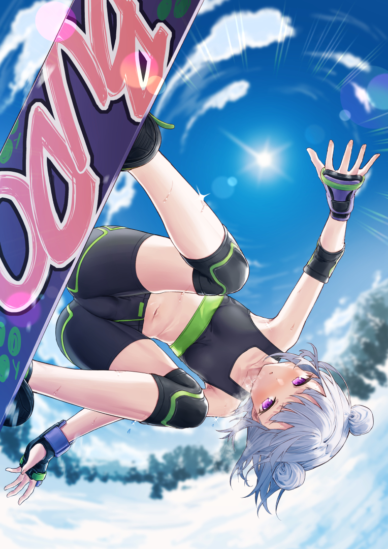 1girl akizuki_kei bike_shorts black_footwear black_gloves black_shorts blue_sky breath cloud collarbone commentary_request crop_top day double_bun elbow_pads fingerless_gloves gloves grey_hair hair_bun knee_pads navel original outdoors parted_lips purple_eyes shorts sky snow snowboard snowboarding solo sun tokuno_yuika