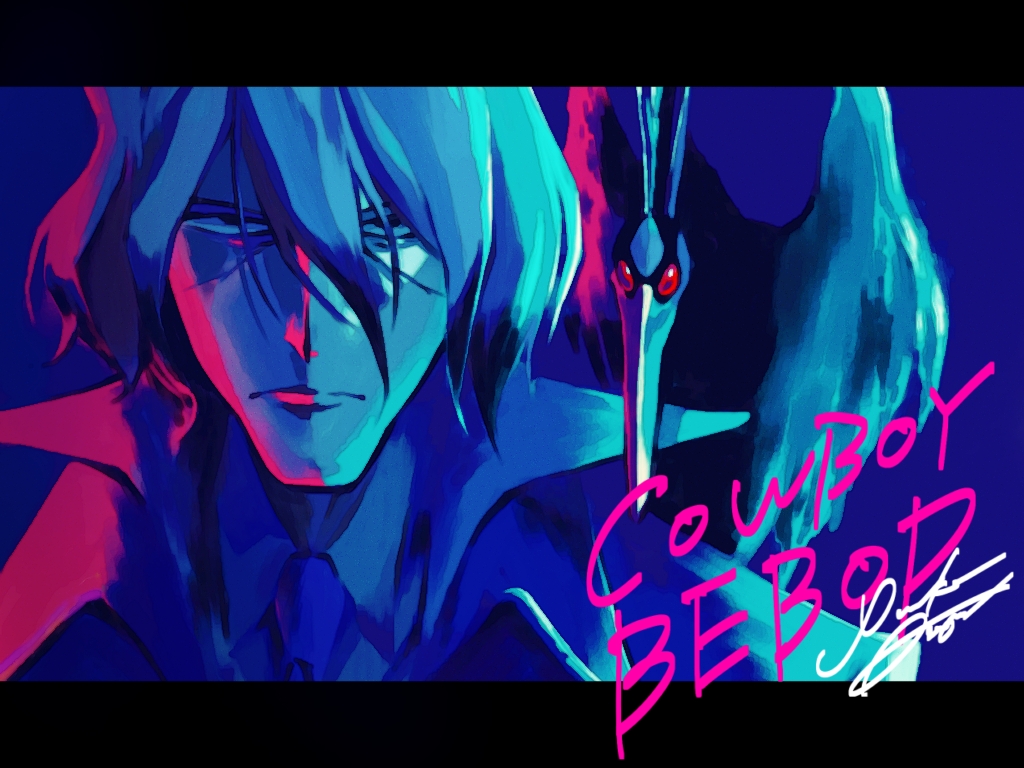 1boy 1other animal bird blue_background cowboy_bebop expressionless girigiri_yukka hair_between_eyes necktie red_eyes simple_background vicious_(cowboy_bebop)