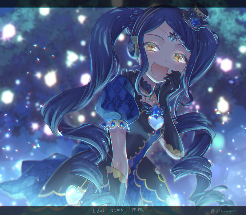 1girl :d amattle black_gloves blue_dress blue_hair braid braided_bangs copyright_name cowboy_shot dress garara_s_leep gloves glowing glowing_eyes hand_up hat head_chain headphones idol_clothes idol_time_pripara jewelry laughing light_particles long_hair looking_at_viewer mini_hat mini_top_hat night open_mouth outdoors pretty_series print_dress pripara puffy_short_sleeves puffy_sleeves short_sleeves smile solo standing top_hat twintails very_long_hair yellow_eyes