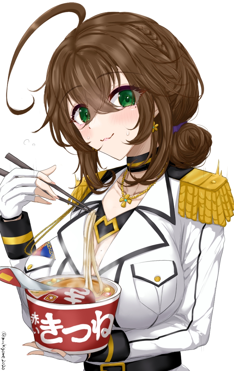 1girl ahoge breasts brown_hair chamumi_(mochiumee) chopsticks cleavage closed_mouth eating epaulettes female_admiral_(kancolle) food gloves green_eyes jacket kantai_collection kitsune_udon large_breasts looking_at_viewer maruchan_akai_kitsune_udon medium_hair military_jacket mole mole_on_breast noodles original partially_fingerless_gloves simple_background smile solo udon upper_body white_background white_jacket