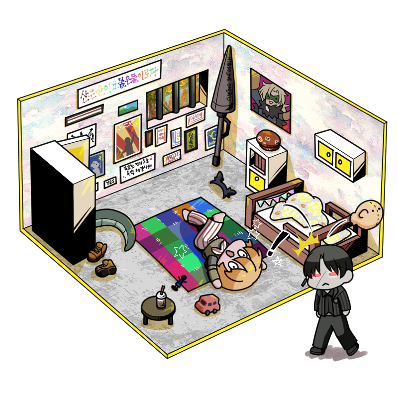 1girl 2boys animal_ear_headwear bars baseball_cap bed black_footwear black_hair blanket blonde_hair bongy_(project_moon) book bookshelf boots brown_footwear closet collared_shirt don_quixote_(project_moon) drinking_straw earrings eye_mask fake_animal_ears figure hat jacket jewelry korean_commentary korean_text lance limbus_company lizard_tail mat multiple_boys pa_rsnip pants pillow polearm poster_(object) project_moon red_eyes shelf shirt siegfried_(project_moon) single_earring spanish_text striped_clothes striped_jacket tail toy toy_car vergilius_(project_moon) weapon