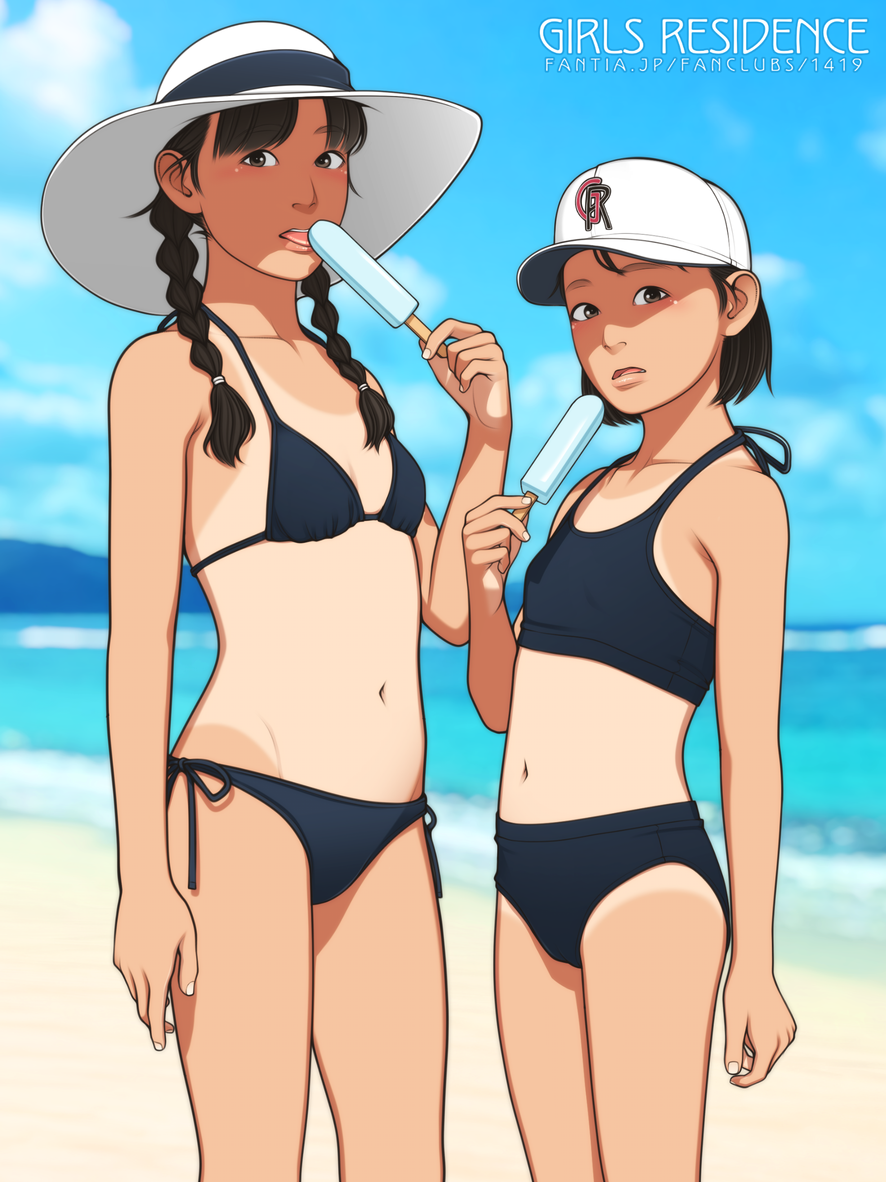 2girls absurdres baseball_cap beach bikini black_bikini black_hair braid breasts brown_eyes candy cowboy_shot day food halterneck hat highres holding holding_food holding_popsicle looking_at_viewer multiple_girls one-piece_tan original outdoors popsicle shinchou_ni_kansuru_kousatsu short_hair side-tie_bikini_bottom small_breasts solo standing swimsuit tan tanline twin_braids