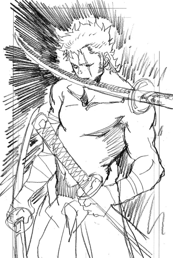 1boy bandages greyscale katana male_focus monochrome mouth_hold nakamura_yutaka one_piece reverse_grip roronoa_zoro scar scar_across_eye scar_on_face topless_male sketch solo sword triple_wielding weapon