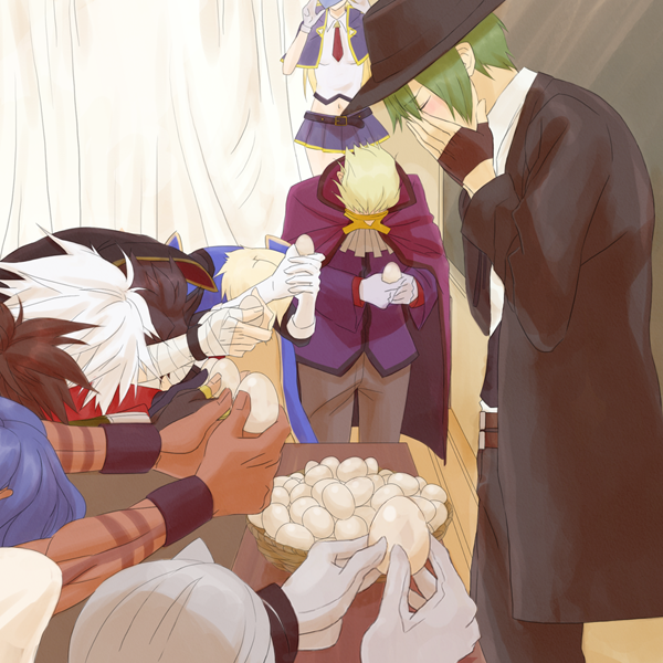 1girl 6+boys azrael_(blazblue) blazblue blonde_hair bowing danshi_koukou_valentine_(meme) egg closed_eyes gloves green_hair hand_on_own_face hat hazama jin_kisaragi kagura_mutsuki kisaragi_jin meme multiple_boys nice_hajime noel_vermillion ragna_the_bloodedge relius_clover revision shishigami_bang valkenhayn_r_hellsing