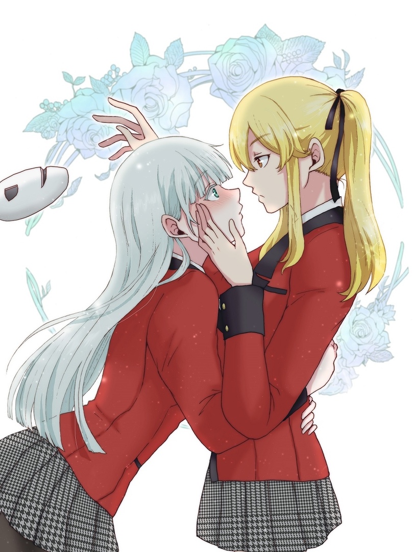 2girls blonde_hair blush from_side grey_hair hair_ornament kakegurui leaning_forward long_hair looking_at_another mask momobami_ririka multiple_girls profile saotome_mary school_uniform silver_hair skirt standing tagme upper_body yuri
