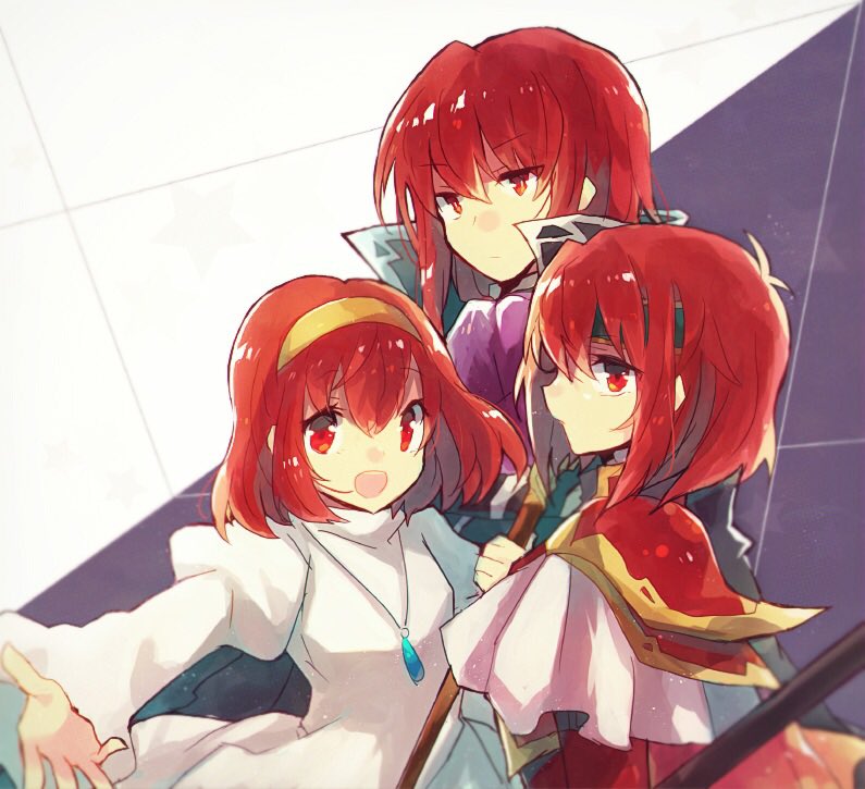 1boy 2girls armor brother_and_sister cape fire_emblem fire_emblem:_mystery_of_the_emblem fire_emblem:_new_mystery_of_the_emblem fire_emblem:_shadow_dragon hug looking_at_viewer maria_(fire_emblem) minerva_(fire_emblem) misheil_(fire_emblem) multiple_girls nintendo nunuko_(mu661129) pauldrons red_hair shoulder_armor siblings simple_background smile