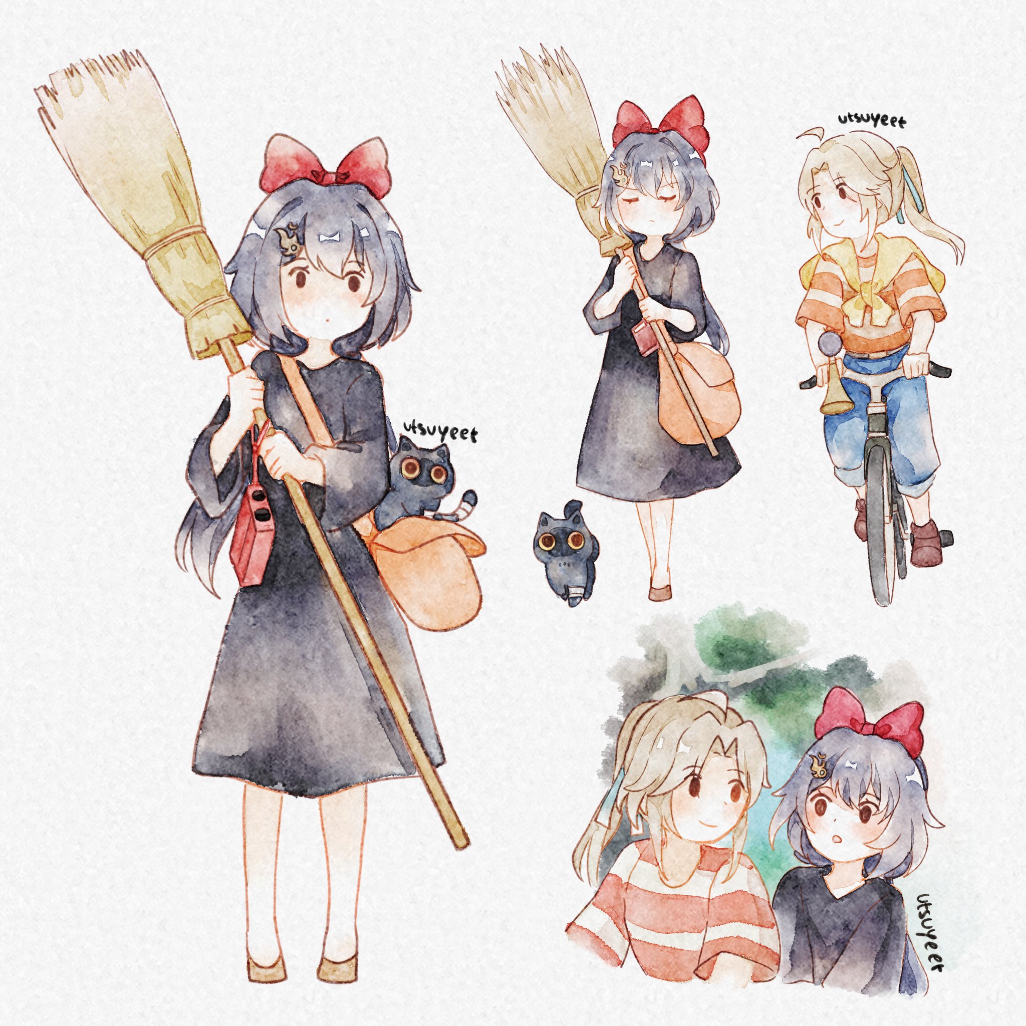 ahoge bag bicycle black_cat black_dress black_hair blade_(honkai:_star_rail) blade_(sesame_cake)_(honkai:_star_rail) blonde_hair broom cat cosplay critter_pick_(honkai:_star_rail) dress high_ponytail highres holding holding_broom honkai:_star_rail honkai_(series) kiki_(majo_no_takkyuubin) kiki_(majo_no_takkyuubin)_(cosplay) long_hair long_sleeves majo_no_takkyuubin parted_bangs ponytail short_hair sidelocks simple_background tombo_(majo_no_takkyuubin) tombo_(majo_no_takkyuubin)_(cosplay) utsuyeet white_background yanqing_(honkai:_star_rail) yunli_(honkai:_star_rail)