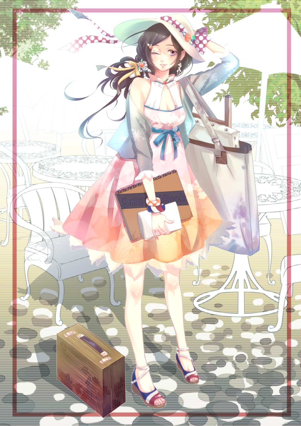 1girl bad_id bad_pixiv_id black_hair canvas_(object) dress female_focus hat highres legs long_hair one_eye_closed orangina purple_eyes sandals sketchbook smile solo suitcase wink