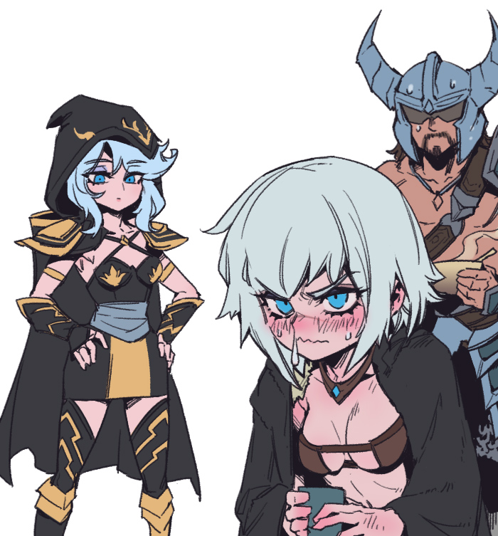 1boy 2girls ashe_(league_of_legends) beard black_cape black_dress blue_eyes blush breasts cape collarbone dress facial_hair fake_horns feet_out_of_frame grey_hair hands_on_own_hips helmet holding hood hooded_cape horned_helmet horns league_of_legends medium_breasts medium_hair multiple_girls muscular muscular_male orange_dress phantom_ix_row sejuani sick simple_background small_breasts standing tryndamere white_background