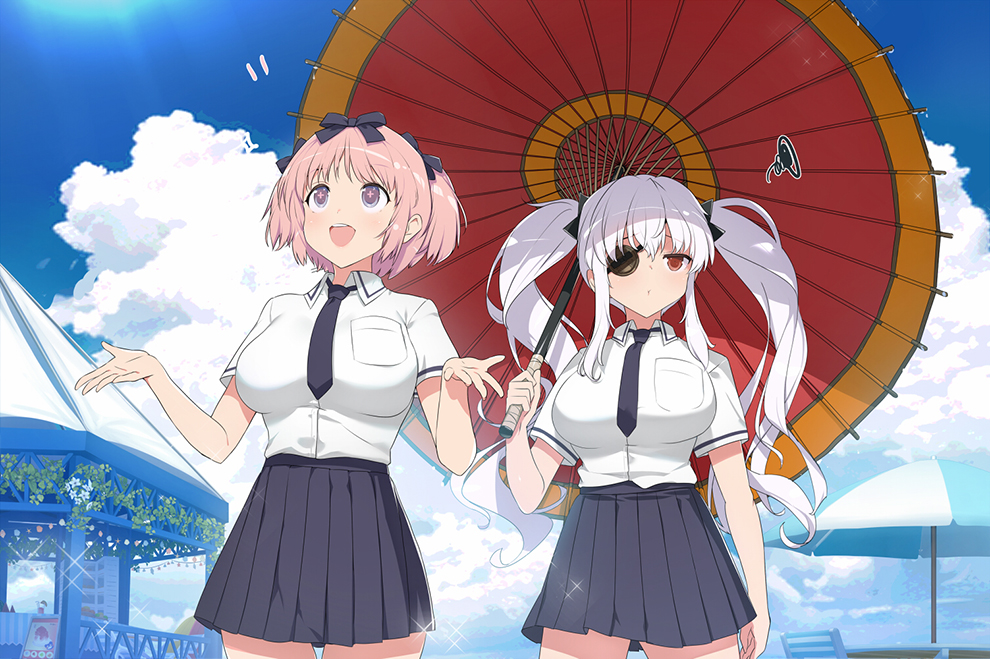 +_+ beach_house bow breasts eyepatch flower-shaped_pupils hair_bow hanzou_academy_school_uniform hibari_(senran_kagura) large_breasts light_blush long_hair official_art oil-paper_umbrella open_mouth patio patio_chair patio_umbrella pink_hair pink_pupils pout red_eyes school_uniform senran_kagura senran_kagura_new_link short_hair short_twintails shuriken shuriken_hair_ornament skirt smile sun sunlight symbol-shaped_pupils twintails umbrella weapon white_hair yaegashi_nan yagyu_(senran_kagura)