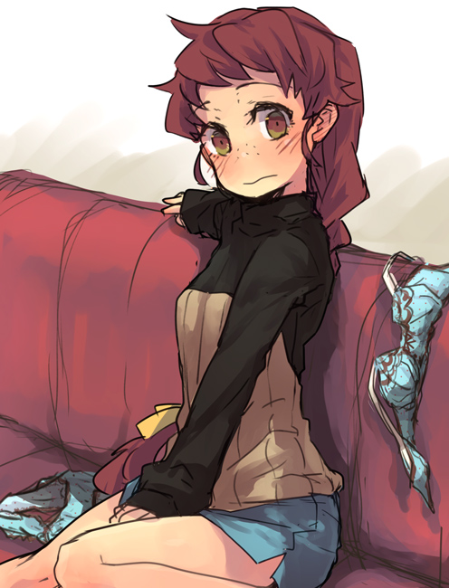 1girl between_legs black_sweater blue_bra blue_panties blue_skirt blush bra braid braided_ponytail brown_eyes brown_hair embarrassed female_focus freckles hand_between_legs isuzu_(log_horizon) log_horizon long_hair long_sleeves looking_at_viewer miniskirt mo_(deciliter) no_panties panties side_slit simple_background single_braid sketch skirt solo sweater underwear unworn_bra unworn_panties very_long_hair white_background