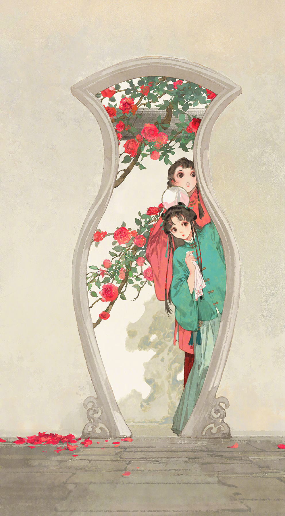 2girls aoqun aqua_hanfu aqua_shirt aqua_skirt architecture black_eyes black_hair braid chinese_clothes east_asian_architecture flower hand_fan handkerchief hanfu highres ibuki_satsuki long_hair long_skirt long_sleeves multiple_girls original outdoors petals pink_shirt real_world_location red_flower red_lips red_rose red_skirt rose shirt skirt tassel tuanshan yaopei