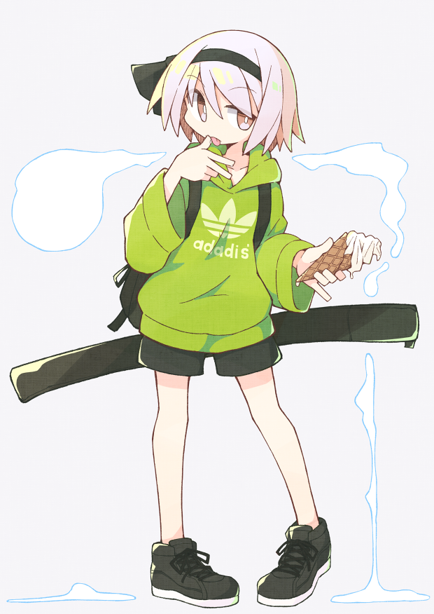 1girl alternate_costume asameshi backpack bag black_hairband black_ribbon black_shoes black_shorts casual commentary contemporary female_focus food full_body green_hoodie grey_background hair_ribbon hairband hand_up holding holding_food hood hoodie ice_cream ice_cream_cone konpaku_youmu konpaku_youmu_(ghost) licking licking_finger long_sleeves looking_at_viewer pigeon-toed pinky_out ribbon shoes short_hair shorts silver_hair sneakers soft_serve solo tongue tongue_out touhou waffle_cone wide_sleeves