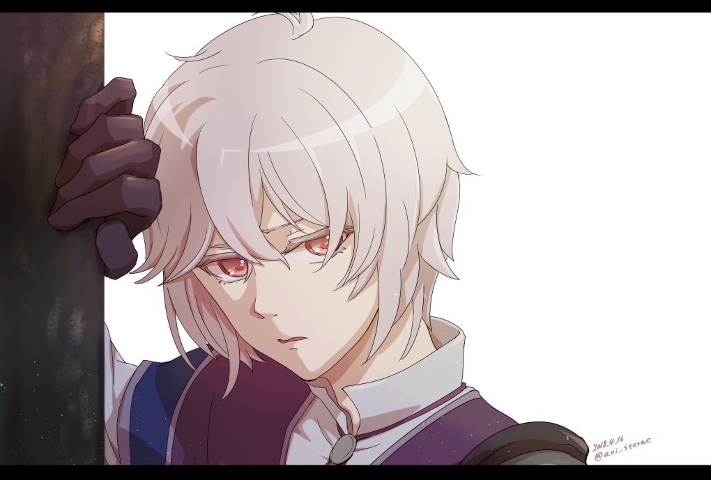 1boy aoi_(xxxaoi) artist_name dated fire_emblem fire_emblem_echoes:_shadows_of_valentia gloves kliff_(fire_emblem) letterboxed male_focus nintendo open_mouth red_eyes simple_background solo white_background white_hair